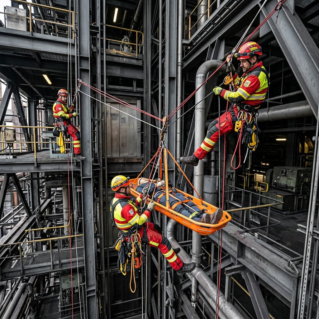 Equipe técnica altamente qualificada da Pentagono Alpinismo realizando operação complexa de resgate vertical